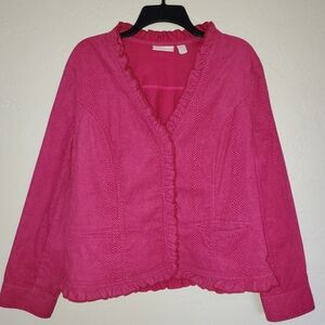 CHICO'S Pink Ruffle Trim ANIMAL SNAKE PRINT STRETCH JACKET Sz 2
